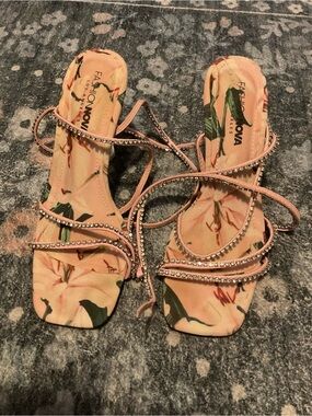 Fashion Nova Blush Floral Rhinestone Wrap Heels